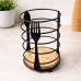 Porta Talheres Organizador Talheres 16cm Aço Preto Base Madeira Suporte Cozinha Mesa Bancada