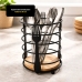 Porta Talheres Organizador Talheres 16cm Aço Preto Base Madeira Suporte Cozinha Mesa Bancada