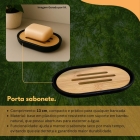 Kit Banheiro 6 Pe&ccedil;as Preto Bambu Pl&aacute;stico Lixeira Saboneteira Porta Escova Organiza&ccedil;&atilde;o